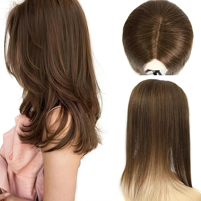 3x5 Inch Injected Silk Base Hair Toppers for Women, 16 Inch Length 130% Density Real Human Hair Pieces #2A Brown