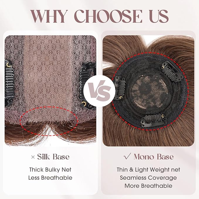MY-LADY Human Hair Toppers for Women Real Human Hair with Bangs Thin 8.5 * 8.5CM Mono Base Clip in Remy Hairpieces Light Weight 12 Inch Medium Brown