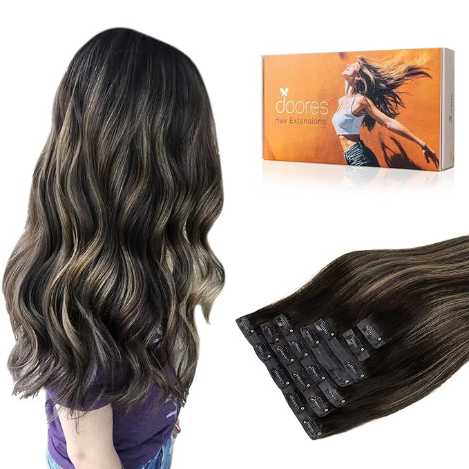 DOORES Clip-in Hair Extensions, Natural Black to Light Blonde, 7pcs 14 Inch 130g, Seamless Remy Hair, Thick Straight Hair, Invisi Edge