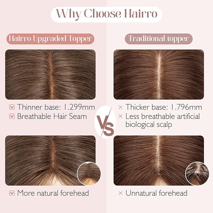 Hairro 100% Human Hair Topper No Bangs, Real Clip in Hair Hairpieces for Women, 3.94x4.72" Silk Base for Thinning Receding High Hairline, 12 Inch Medium Brown Middle Part