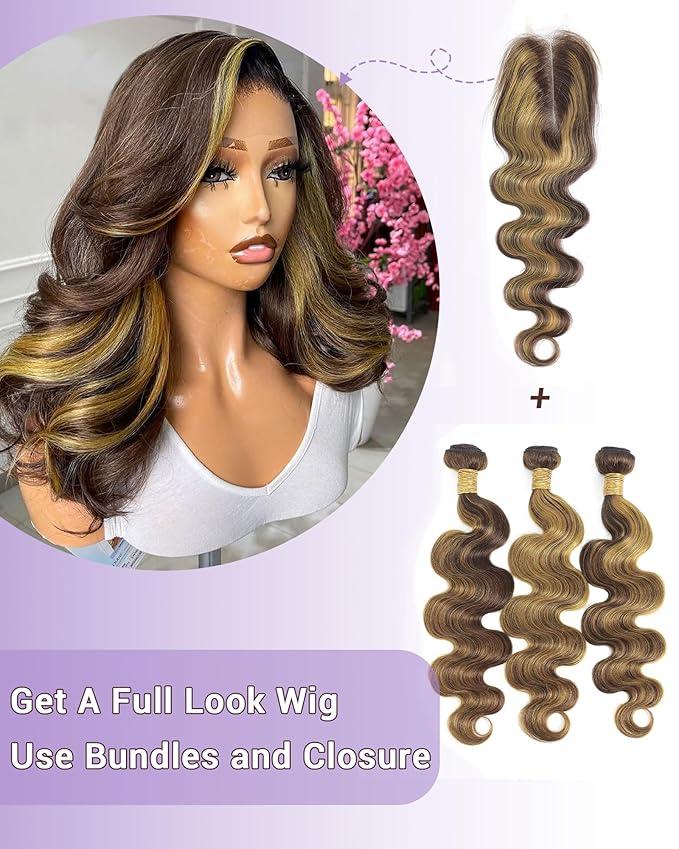 Body Wave 2x6 HD Lace Closure Highlight Yellow Golden Blonde On Chocolate Brown Color Human Hair Transparent Lace Closure 2x6 Long Middle Part 100% Raw Virgin Human Hair 12 Inch 150% Density