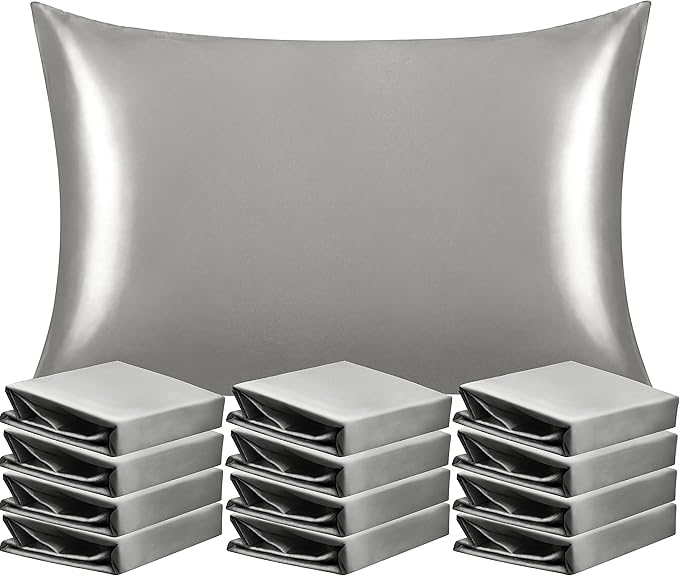 NTBAY 12 Pack Satin Queen Pillowcases for Hair and Skin, Luxurious and Silky Pillow Cases with Envelope Closure, 20 x 30 Inches, Grey