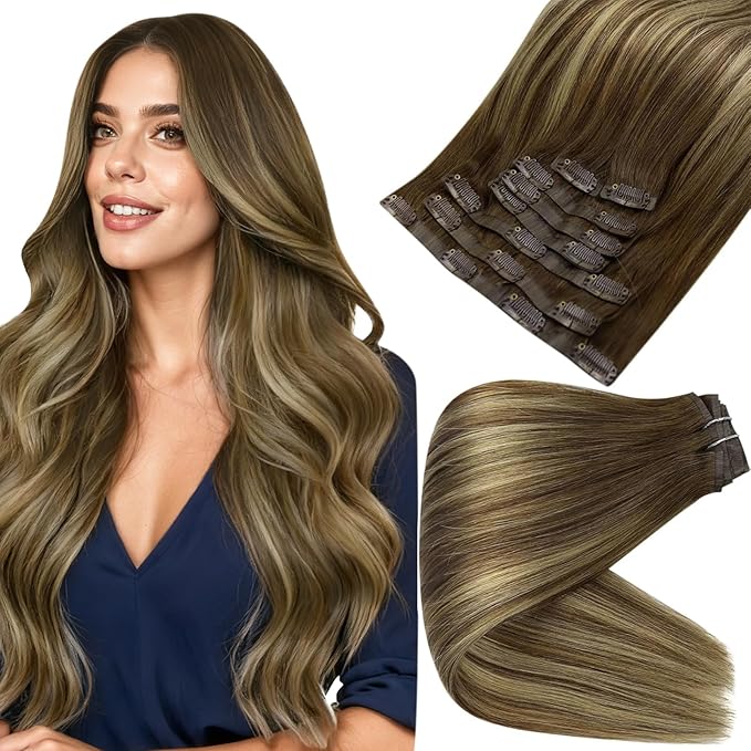 Full Shine Brown Balayage Seamless Clip in Hair Extensions Medium Brown Balayage with Honey Blonde Clip in Extensions for Women Straight Hair 20 Inch 120G 8 PCS