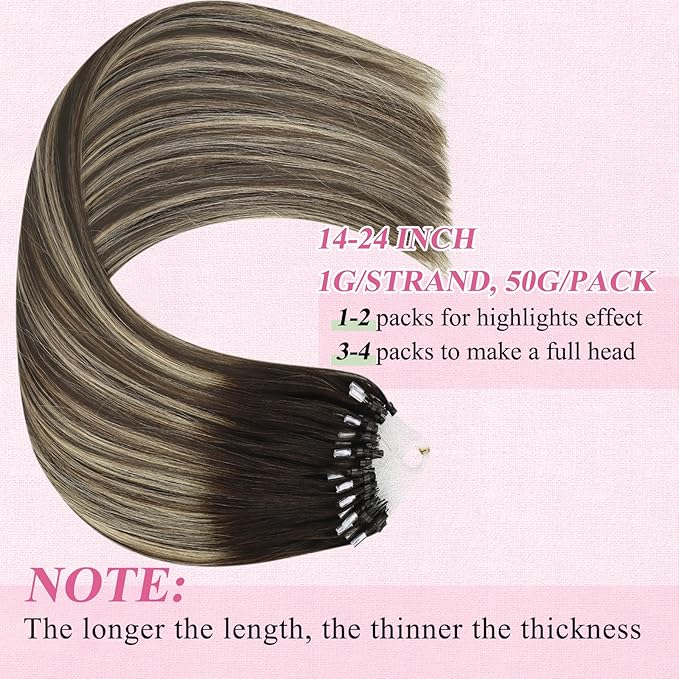 YoungSee Micro Loop Hair Extensions Real Human Hair Balayage Microlink Hair Extensions Dark Brown Ombre Blonde Beaded Hair Extension 16In 50g 50s Pre Bonded Hair Extension for School