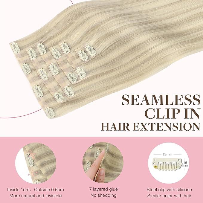 GOO GOO Clip in Hair Extensions Real Human Hair, Remy Human Hair Extensions Clip ins for Women, Natural Human Hair, 24inch 120g 7Pcs, 17A/60A Ash Blonde Highlighted Platinum Blonde
