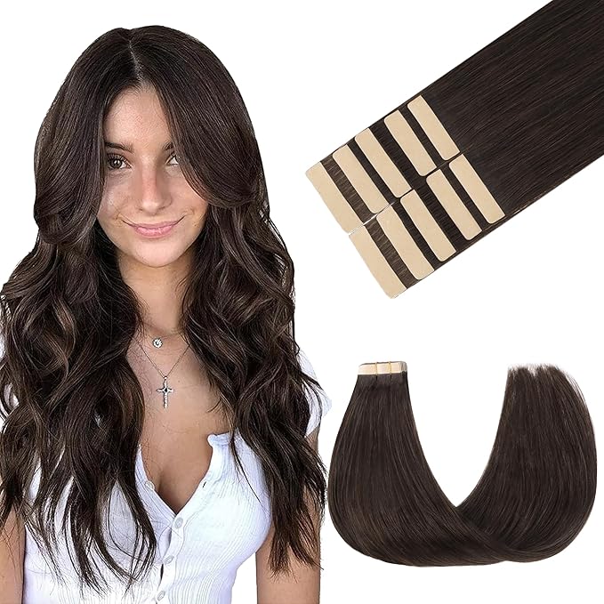 GOO GOO Tape in Hair Extensions Human Hair, 2A Light Brown, 24inch 30g 10pcs, Skin Weft Seamless Invisible, Silky Straight with Thick Ends, Remy Human Hair
