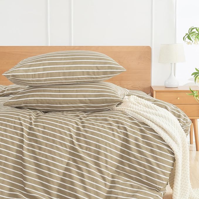 JELLYMONI 100% Natural Cotton Striped King Pillowcases Set, 2 Pack Khaki and White Stripes Pattern Printed Pillow Covers with Envelope Closure(Pillows are not Included)