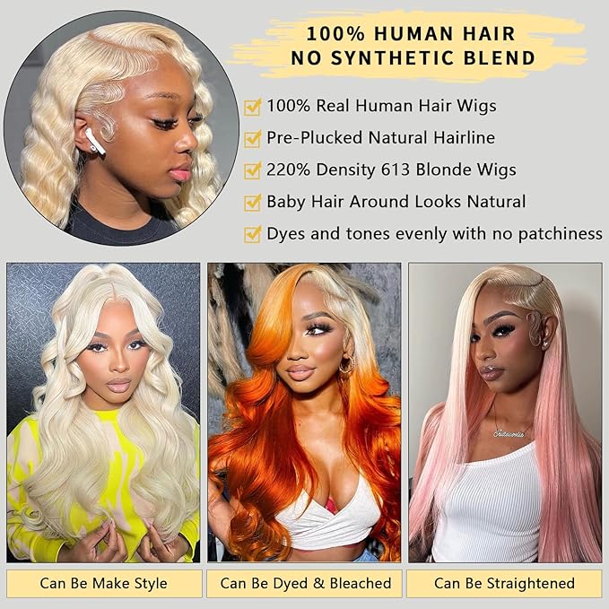 613 13X6 Hd Lace Front Wigs Human Hair 26 Inch Glueless Full Frontal 220% Density Body Wave Blonde Wig Human Hair Triple Lifespan 3X No Tangle No Shedding No Synthetic