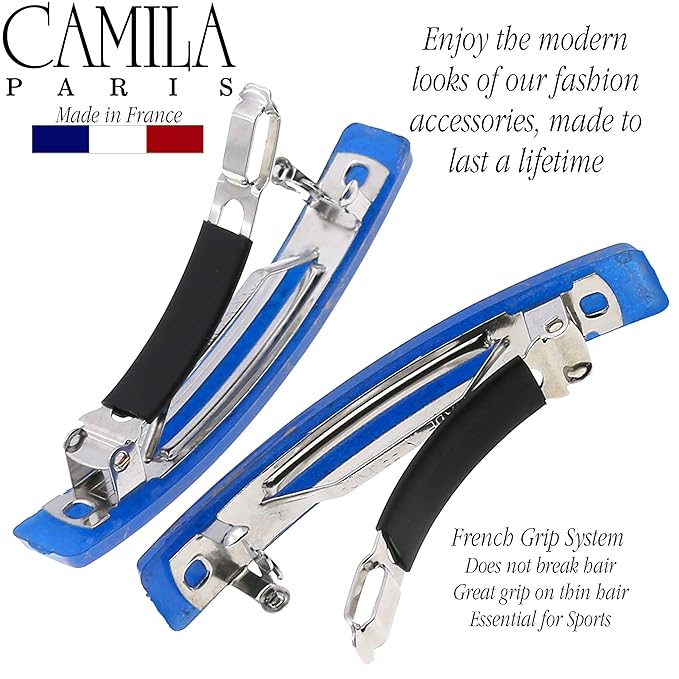 Camila Paris CP3042 French Hair Barrette Clip for Girls, Set of 2 Blue Rubberized Metal Clasp Strong Hold Grip Hair Clips for Women, No Slip Durable Styling Girls Hair Accessories, Made in France
