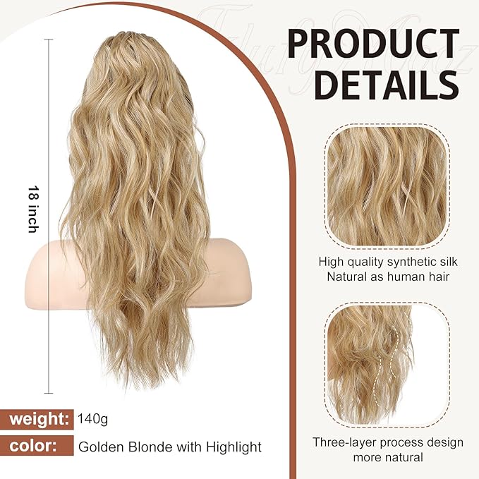Flufymooz Ponytail Extension, 18Inch Claw Clip Ponytail Extension, Wavy Curly Claw Clip in Ponytail Hair Extensions, Natural Fake Ponytail Synthetic Hairpiece for Women (Golden Blonde with Highlight)