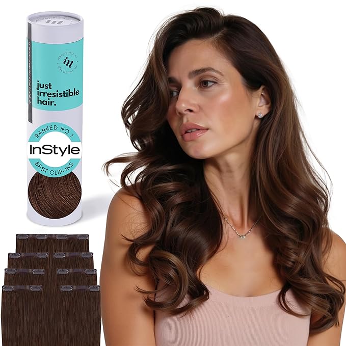 Irresistible Me Real Human Hair Extensions Clip Ins – 100% Human Hair Clip In Extensions for Length & Volume – Invisible Extension – Heat Resistant & Dyeable – Medium Brown, 20 Inches