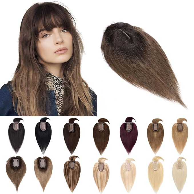 SEGO Hair Toppers for Women Real Human Hair With Bangs, 7 * 13CM Silk Base 100% Remy Human Hair Clip in Top Wiglet Hairpieces Add Volume -12 Inch Dark Brown ombre Light Brown