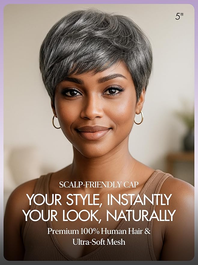 LUVME HAIR Ultra Comfort Salt & Pepper Gray Wigs Throw On & Go Short Pixie Cut with Bangs 5 Inches Skin Friendly Cotton Cap 100% Real Human Hair Glueless Wig Glueless Wig Hair Full Machine Made