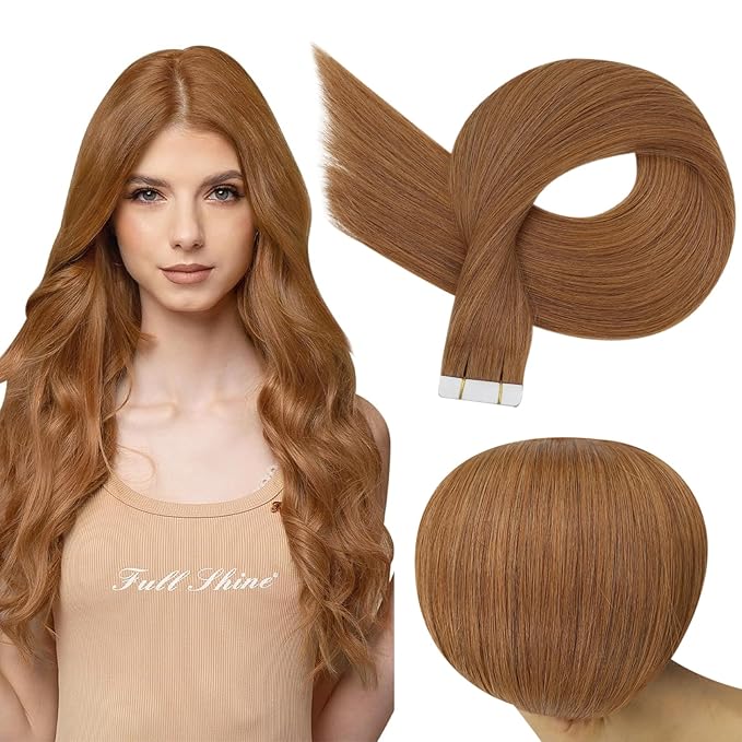 Full Shine Tape ins Human Hair Extensions Color 330 Auburn Hair Extensions Real Human Hair 16 Inch Seamless Skin Weft Extension Remy Straight 50G Invisible Extension 20Pcs Thick End for Party