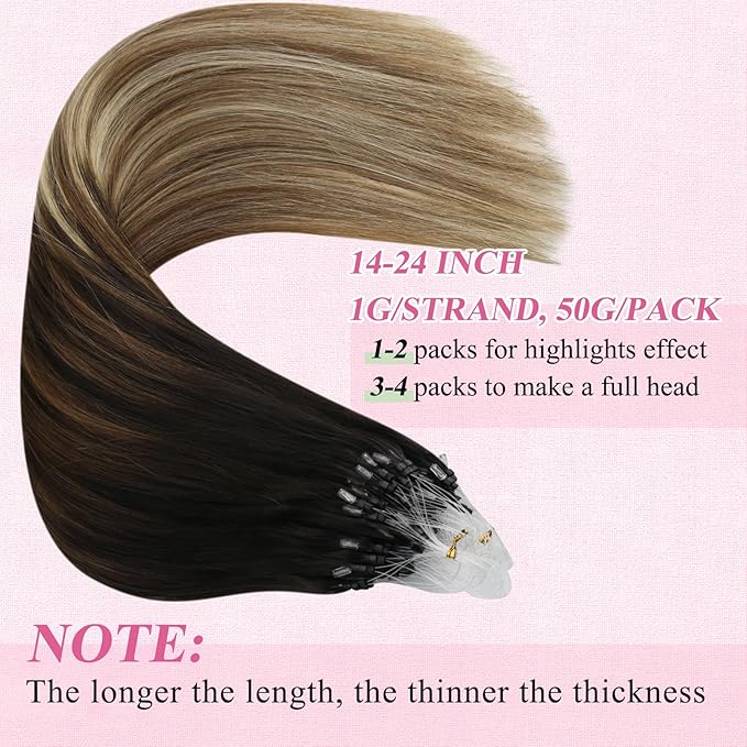 YoungSee Microlink Hair Extensions Human Hair Balayage Micro Ring Hair Extensions Ombre Dark Brown to Medium Browns with Blonde Hair Extension Beaded 20Inch 50g 50s Cold Fusion Hair Extension