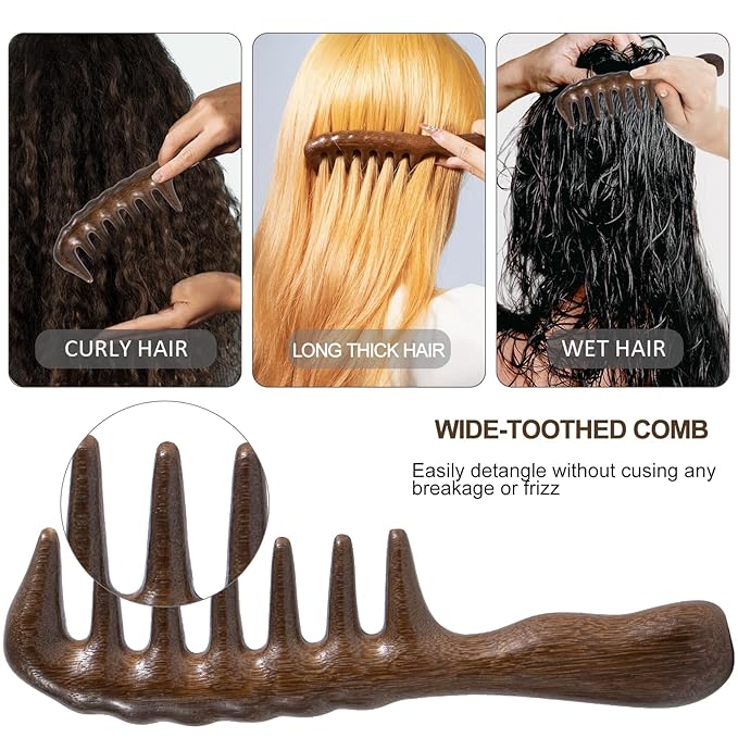 Wooden Wide Tooth Comb, Large Thicken Natural Sandalwood Hair Combs for Curls, Women and Men, Detangles Long Thick Wet or Dry Hair, Head Scalp Massager, Anti-static (Golden Sandalwood)