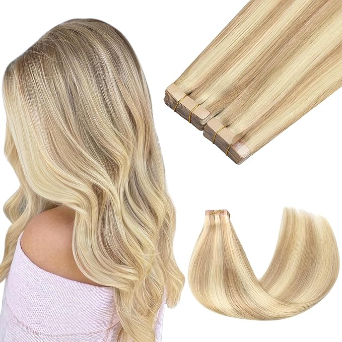 GOO GOO Tape in Hair Extensions Human Hair, 18A/613A Dark Blonde Highlighted Bleach Blonde, 26inch 120g 40pcs, Skin Weft Seamless Invisible, Silky Straight with Thick Ends, Remy Human Hair