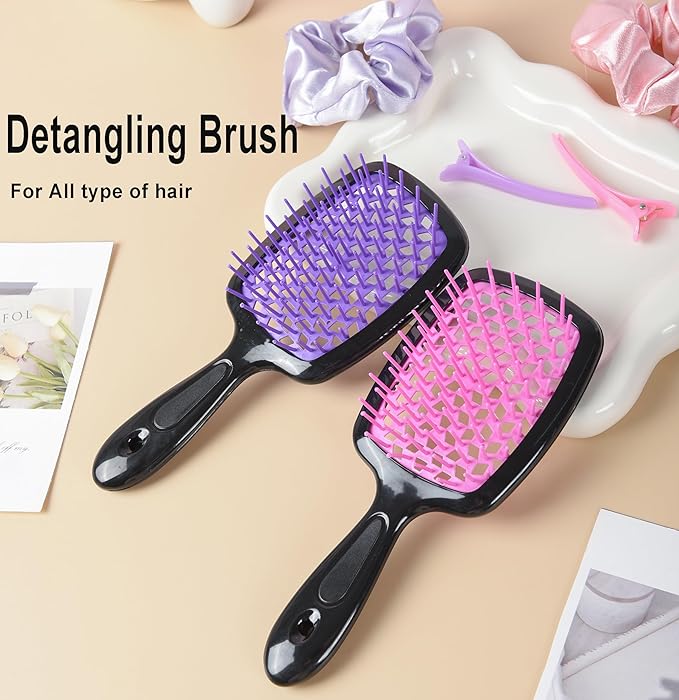 12 Pcs Hair Brush Set with Continuous Hair Spray Bottle for Women, Rat Tail Combs for Toddlers, Soft Scalp Massager, Detangling Hairbrush for Wet Dry Curly Hair (purple)
