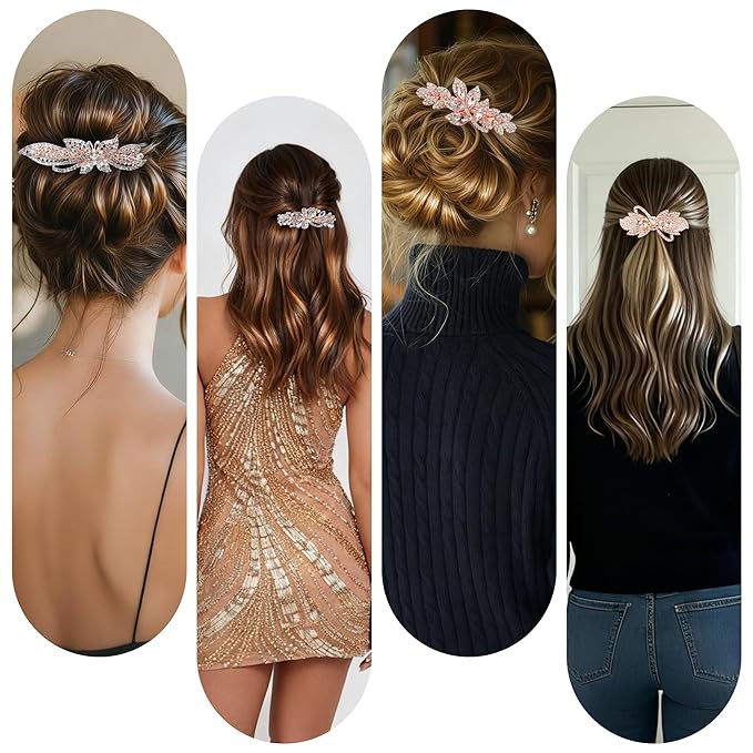 4PCS Vintage Elegant Metal Rhinestone Hair Clips, Sparkly Crystal Hair Pins Butterfly Floral Leaf Bow Hair Barrettes, Non-Slip Sparkly French Floral Hairpins Accessories Gift for Women Girls