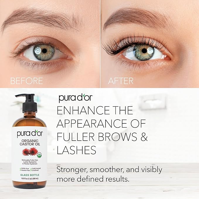 PURA D'OR 16.9 oz Organic Castor Oil (GLASS BOTTLE) Pure Cold-Pressed Hexane-Free USDA Certified – Lashes Brows Hair Scalp Skin – Botanical Moisturizer for Softness Strength Hydration Shine Radiance