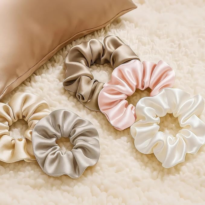 LILYSILK Silk Hair Scrunchies Ties for Frizz & Breakage Prevention 100% Mulberry Elastic Ponytail Holder 5PC (ivory+light coffee+pale pink+coffee+gravel gold)
