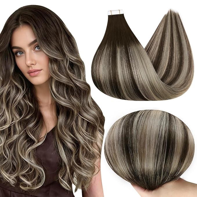 Full Shine Human Hair Extensions Tape in Color 2 Dark Brown Fading to 60 Blonde And Brown Tape in Hair Extensions Real Human Hair 18 Inch Seamless Remy Extensions Double Sided 50Gram 20Pcs