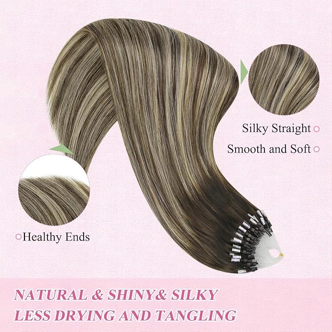 YoungSee Micro Loop Hair Extensions Real Human Hair Balayage Microlink Hair Extensions Dark Brown Ombre Blonde Beaded Hair Extension 16In 50g 50s Pre Bonded Hair Extension for School