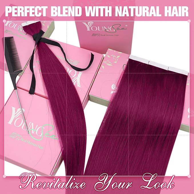 YoungSee Tape in Hair Extensions Magenta Tape in Extensions Human Hair Invisible Tapes Hair Extension Pinkish Red Tapeins Human-Hair Extension Short for Special Occasions 10Pcs 25G
