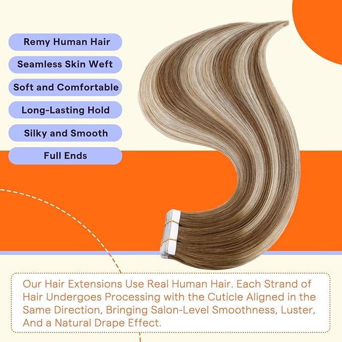 Full Shine Blonde Hair Extensions Tape Ins Color 6/60/6 Real Tape In Extensions Balayage Remy Hair Tape Ins Human Hair Extensions 20Pcs 50G Tape in Extensions Straight Soft Hair for Women 14 Inch