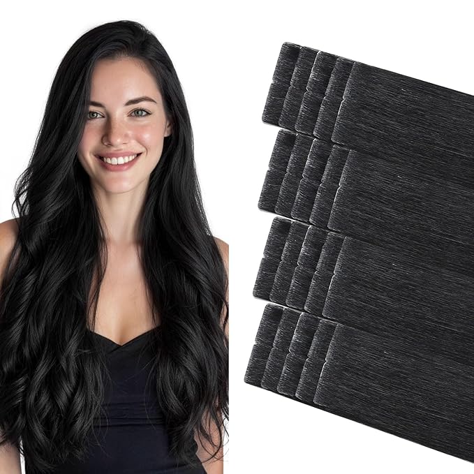 COOKAYU Invisible Tape in Hair Extensions, 16 Inch 35g 20pcs Jet Black Seamless Straight Invisible Extensions Human Hair Invisi Edge Tape ins