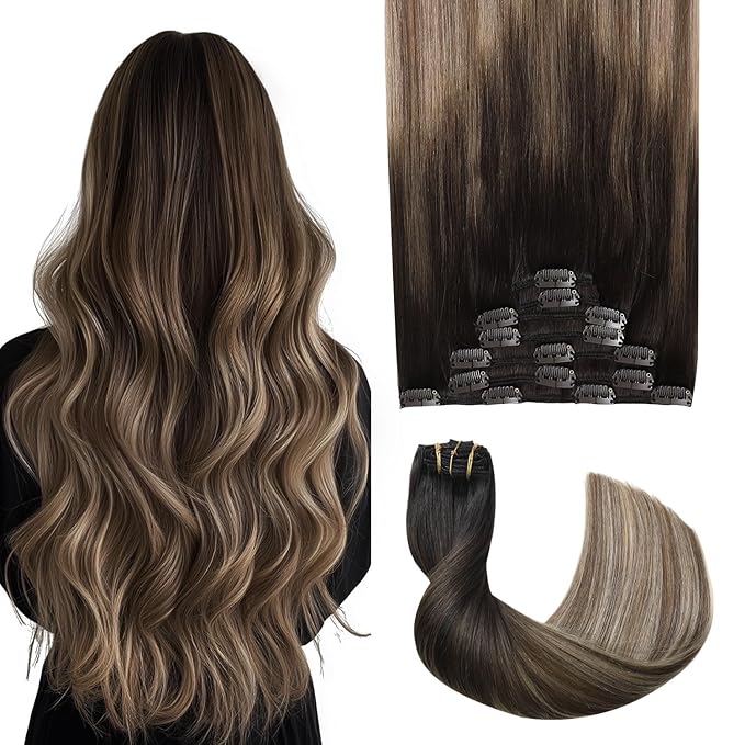 Pro2.0 Clip in Hair Extensions Real Human Hair 20inch 7pcs #1b/4/27 Natural Black to Chocolate Brown and Caramel Blonde Remy Real Human Hair Extensions Clip ins 120g Thick（#1b/4/27-20inch）