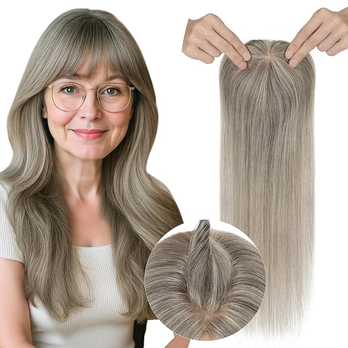 Real Human Hair Toppers for Women 3.54"*4.72" Silky Base 150% Density With Bangs Adjustable Parting Clip-In Topper Hairpieces for Women with Thinning Hair 12 Inches White Mixed Natural Black