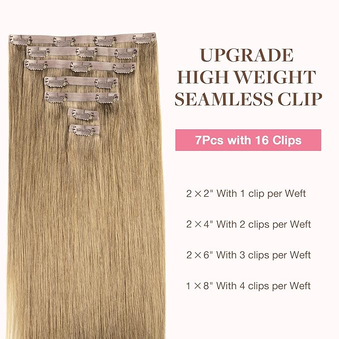GOO GOO Clip in Hair Extensions Real Human Hair, Remy Human Hair Extensions Clip ins for Women, Natural Human Hair, 16inch 110g 7Pcs, 7 Bronde