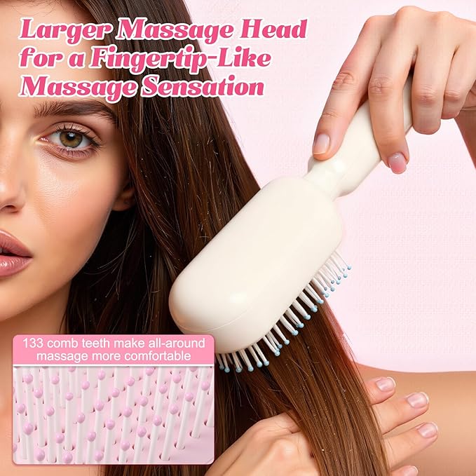 Self Cleaning Hair Brush, Retractable Cushion Massage Comb,Air Cushion Comb,Easy Clean,One-pull Clean Anti Static Brushs, Hairs Styling Tools for All Hairs Types (Pink)