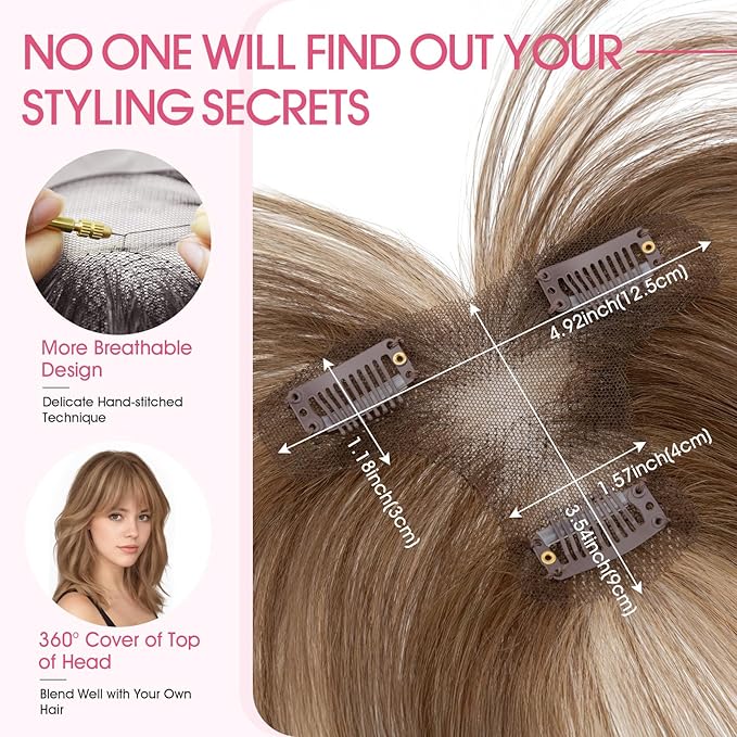 Hairro Human Hair Toppers with Wispy Bangs, 3D 360° Seamless Real Hair Toppers, Hand-Tied with 3.5"x4.7" T-shaped Base, Clip-In Hairpieces to Add Volume on Top, 11 Inch Medium Brown Mix Dark Blonde