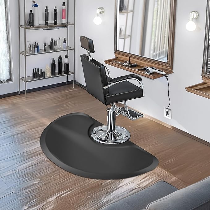 Saloniture 3 ft. x 4 ft. Salon & Barber Shop Chair Anti-Fatigue Mat - Black Semi Circle - 5/8 in. Thick