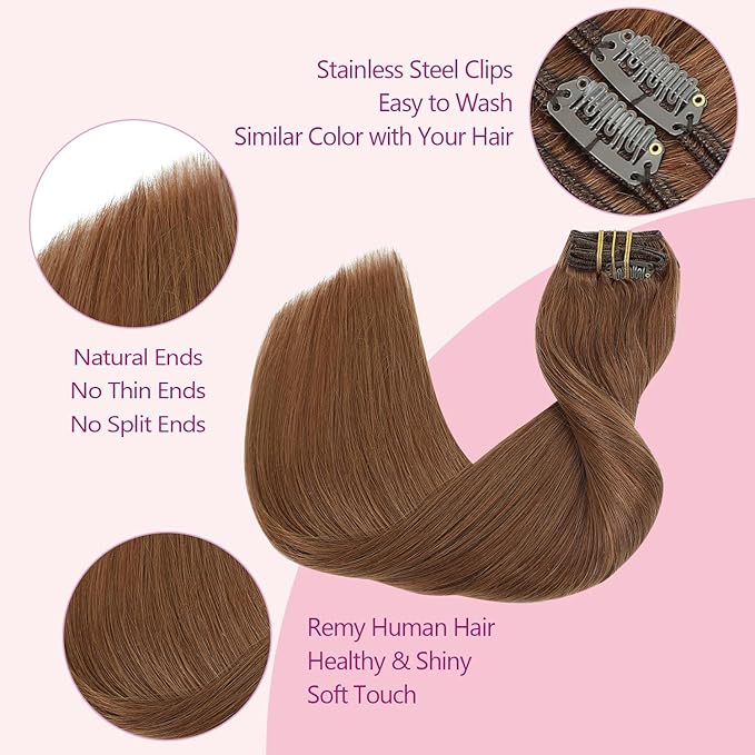 PINKPEARL Clip in Hair Extensions Real Human Hair, Remy Human Hair Extensions Clip ins for Women, Natural Human Hair, 22inch 120g 7Pcs, #33 Auburn(#33-22)