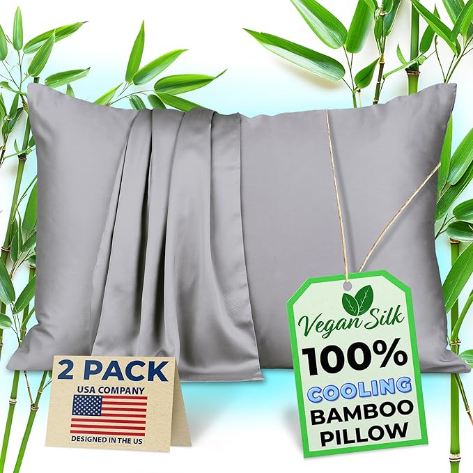 Pillow Cases - 100% Viscose Derived from Bamboo - Cooling Pillowcase - King Size, Gray, Set of 2 Zippered - for Hot Sleepers - Soft Pillow Covers - by Vegan Silk