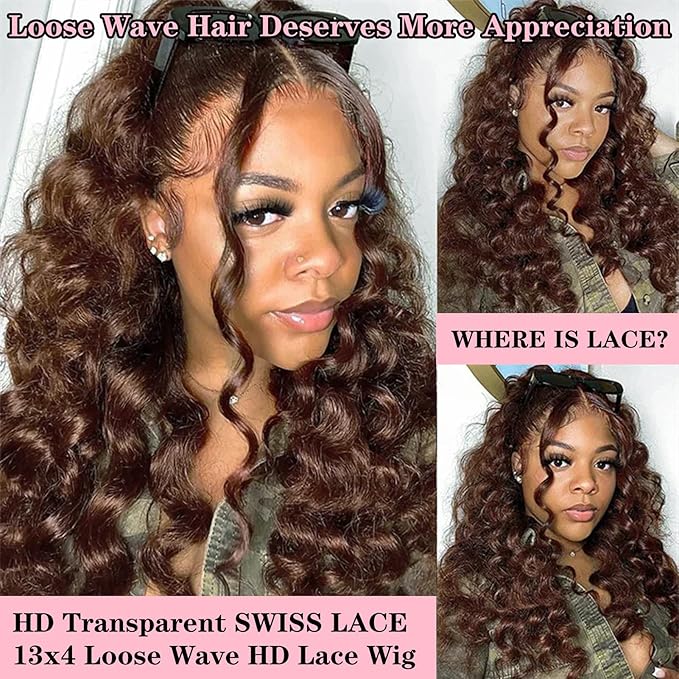 Chocolate Brown 250% Density HD Lace Front Wigs Human Hair Loose Wave 100% Real Human Hair 15A Full 13x4 Large Lace Space Loose Deep Wave Wig, Breathable No Tangle No Shedding Triple Lifespan 3X