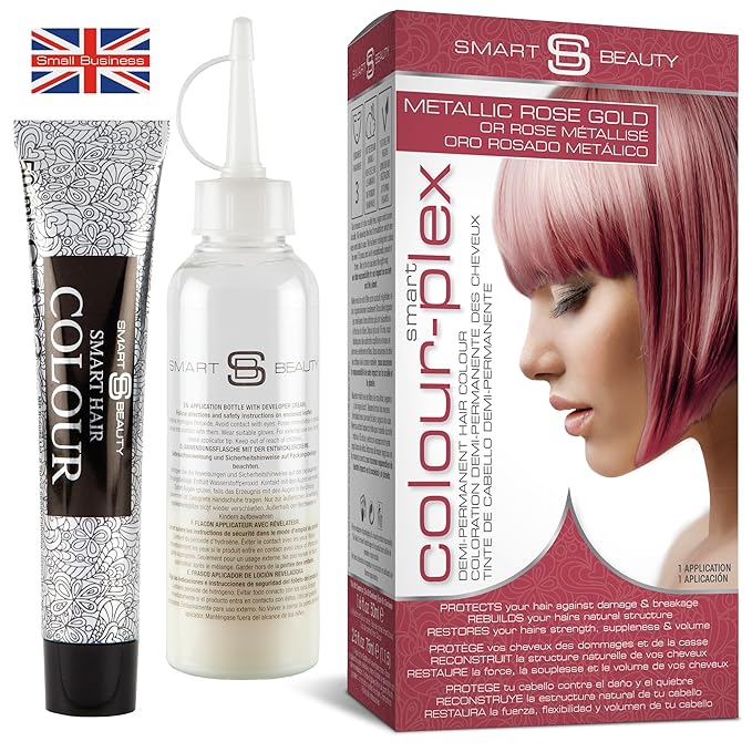 Metallic Rose Gold Hair Dye Demi-Permanent, Toner for Bleached Hair, Anti-Breakage Plex Hair Care, Vegan Hair Dye, Cruelty-Free, 100% Grey Coverage, Rose Hair Color, All Hair Types by Smart Beauty
