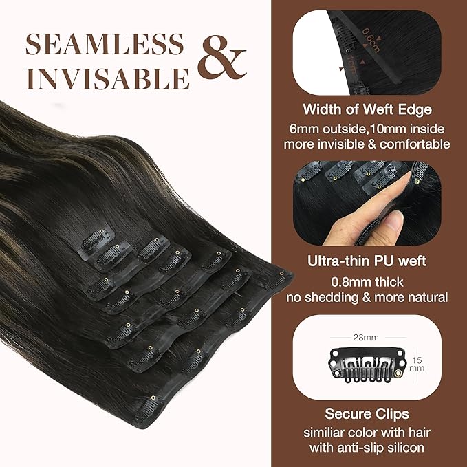 GOO GOO Clip in Hair Extensions Real Human Hair, Remy Human Hair Extensions Clip ins for Women, Natural Human Hair, 22inch 160g 7Pcs, #1B/6/1B Balayage Natural Black to Chestnut Brown