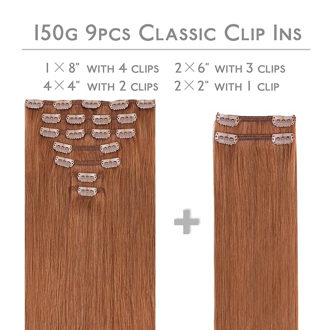 WENNALIFE Clip in Hair Extensions Real Human Hair, 20 Inch 150g 9pcs Cinnamon Terra Copper Remy Hair Thicker Double Weft Extensiones De Cabello Humano Con Clip Ins Straight Full Volume