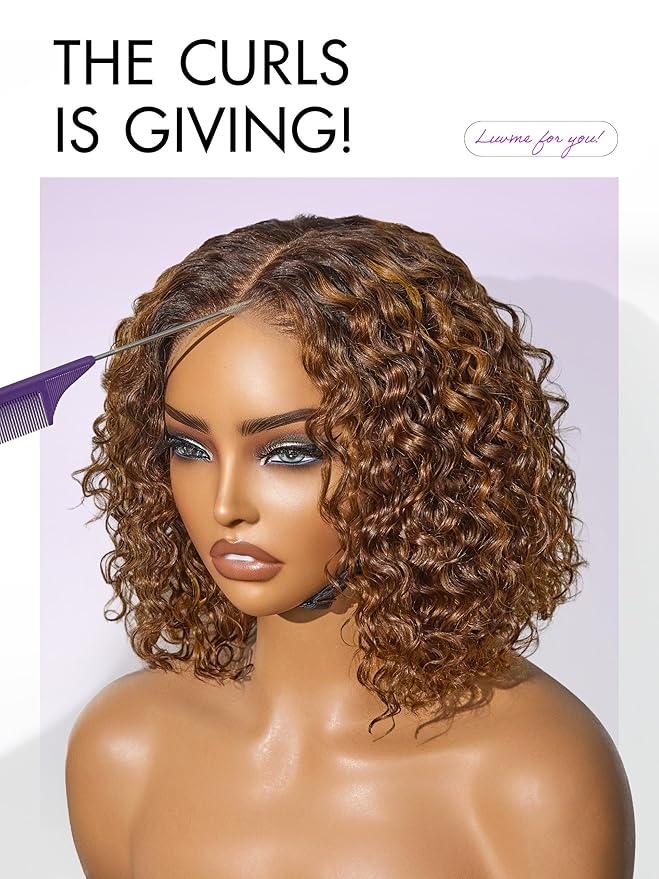 LUVME HAIR 5X5 Deep Curly 12 Inch 100% Human Hair Wigs Curly Deep Wave Glueless Lace Front 12 Inches, Pre Cut Plucked Hd Lace Short Wig Ready To Go Mix Brown Color Straight Bleached Knots Black Wigs