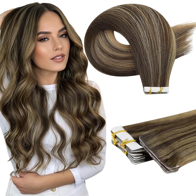Full Shine Virgin Tape in Hair Extensions Human Hair Balayage Intact Machine Remy Tape in Extensions Color BM Invisible Injection Real Hair Extensions Tape ins 25Gram 18Inch Soft Human Hair 10Pcs
