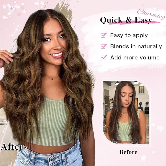 Hair Extensions Clip Ins, 8PCS 20 Inch Wavy Dark Brown Mix Light Brown Clip in Hair Extensions, Synthetic Lace Weft Hairpieces for Women Daily Party Use