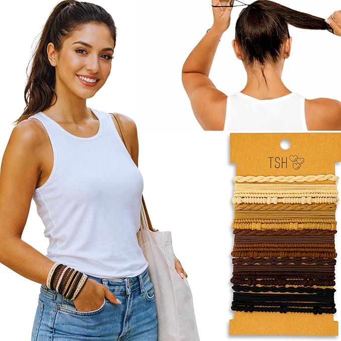 Boho Hair Ties, 20-Pack (4 Styles) Cute Elastic Bands for Thick or Thin Hair, No-Damage Stretch Bracelets, Brown Hair Accessories for Women & Girls (Stardust Soirée)