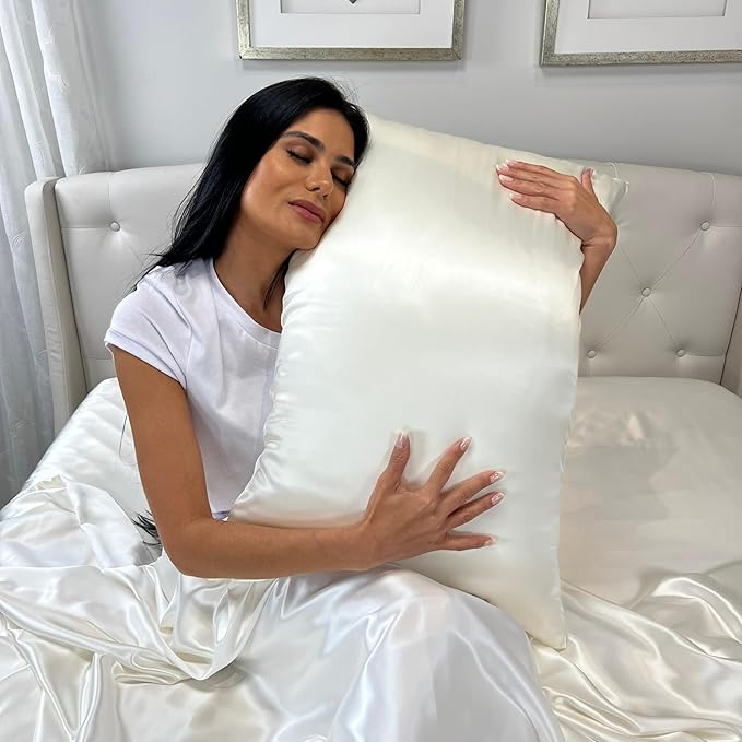 Mulberry Park 30 Momme 100% Pure Mulberry Silk Pillowcase - Luxury Charmeuse Weave for Hair and Skin, Cooling Silk Pillow Cover for Beauty Sleep - King Size 20"x36" / Ivory
