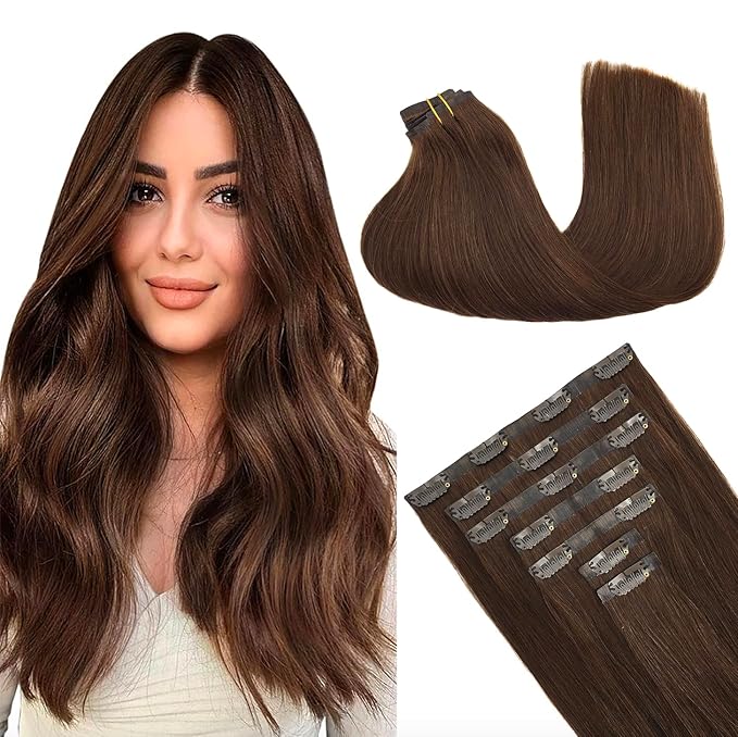 GOO GOO Clip in Hair Extensions Real Human Hair, Remy Human Hair Extensions Clip ins for Women, Natural Human Hair, 12inch 85g 7Pcs, #4A Chocolate Brown