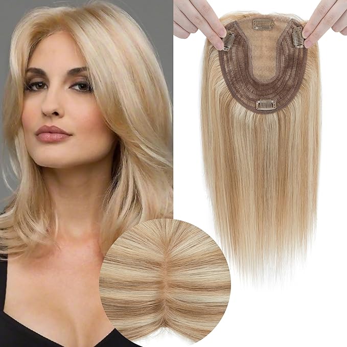 Hair Toppers for Women Real Human Hair No Bangs, 13 * 15 cm Larger Silk Base 150% Density Clip In Topper Hairpieces, Wiglet Top Pieces Add Volume -10 Inch 12P613 Golden Brown&Bleach Blonde