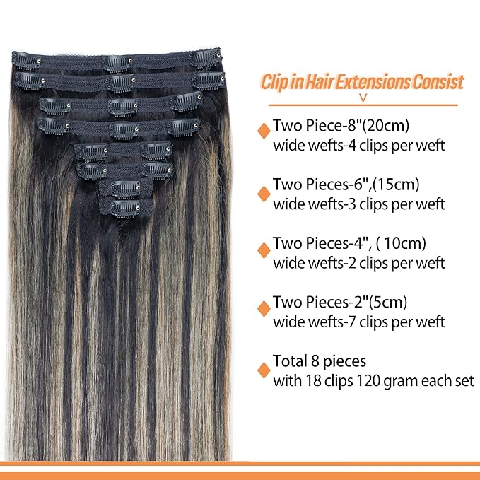 FB27 Highlight Ombre Clip In Hair Extensions Real Human Hair Straight Clip In Black to Blonde Human Hair Extensions Balayage Clip ins Remy Hair for Women 8Pcs with 18Clips Lace Weft 120g 16inch